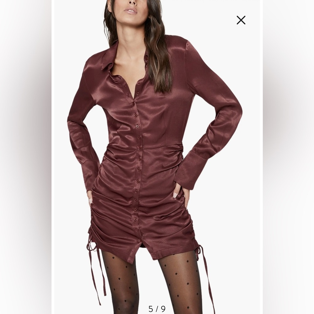 Bardot Sui Side Ruched Long Sleeve Minidress Merlot Red Satin Size US 6